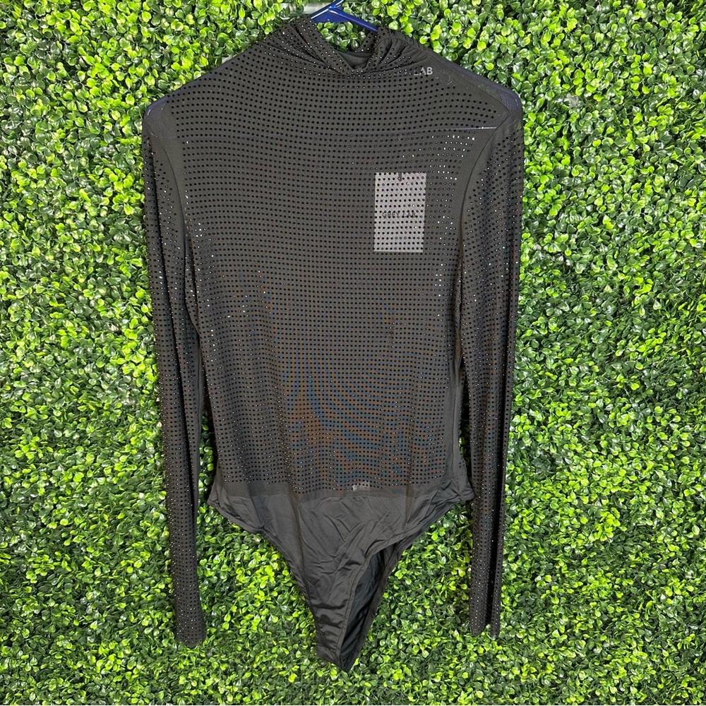 Nwt GREY LAB Black‎ Mesh Long Sleeve Bodysuit mock neck fully rhinestones